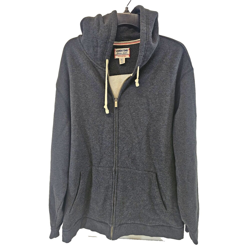 Lands' End Serious Sweats Mens 2XLT Gray Fleece Full Zip Hoodie Pockets